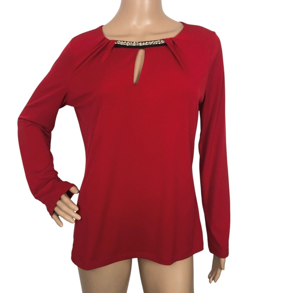 Liz Claiborne Embellished Beaded Keyhole Long Sleeve Top Blouse Size M Career‎